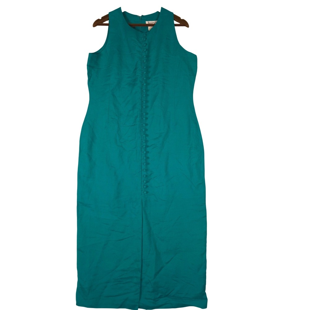 VTG Jennifer Eden Teal Green Midi Dress Button Up‎ Ramie Rayon 15/16 Sleeveless